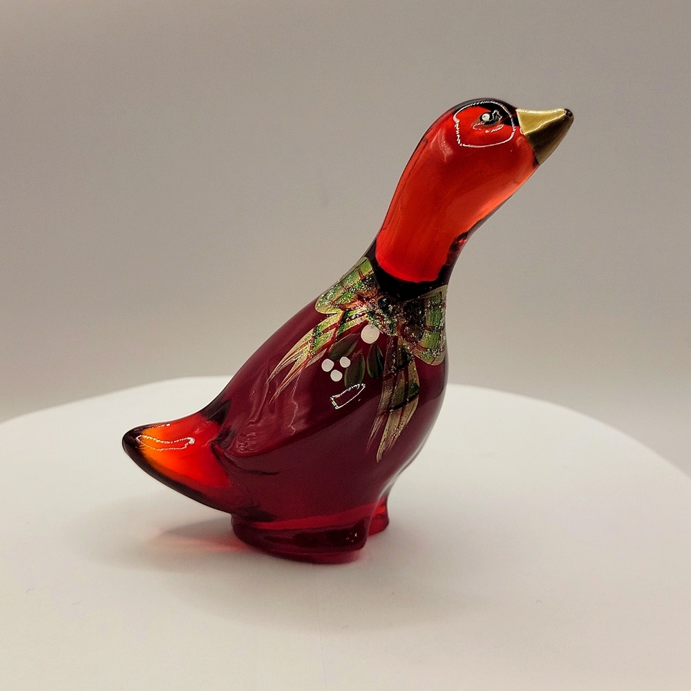 Signed Fenton Ruby Red Goose w/Hand Painted Christmas Ribbon & Bow